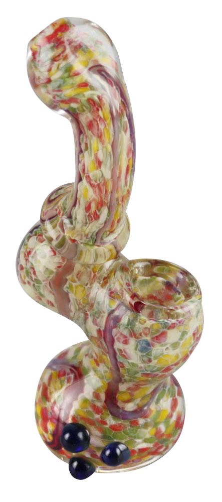 Colorful Worked Beaded Mini Bubbler Pipe in Borosilicate Glass, 4.75" Tall - Front View