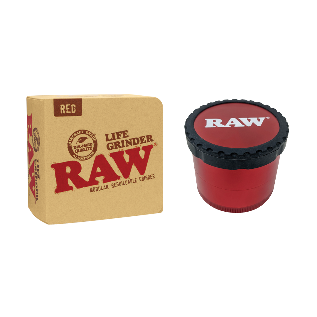 RAW Modular Life Grinder in Red, 4-Piece Aircraft Aluminum with Box, Front View