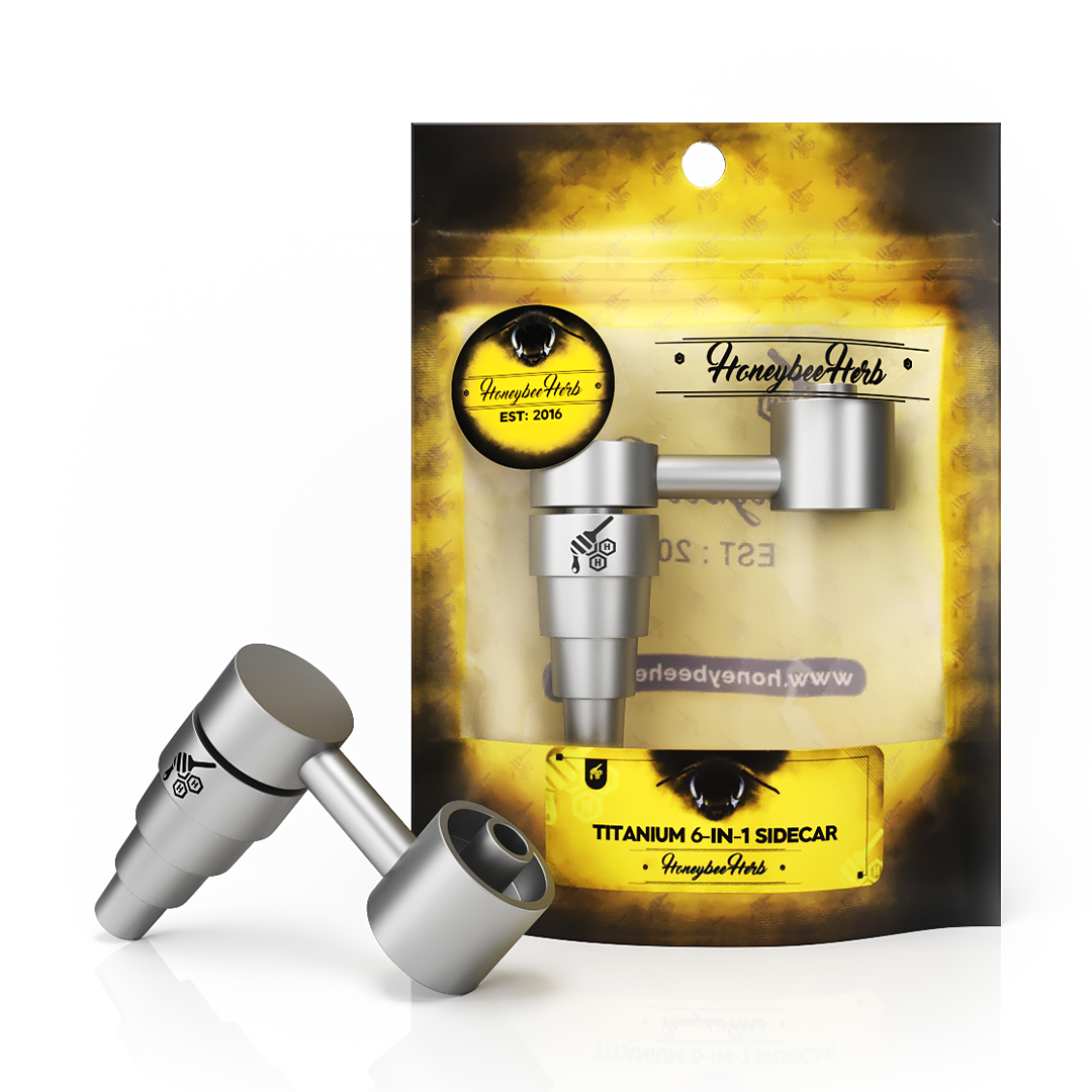 Honeybee Herb Titanium Universal Dab Nail with Carb Cap compatibility, front view on packaging