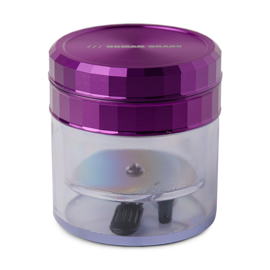 Human Grade Storage Grinder 1A in Purple, 2.5" with Transparent Chamber - Front View