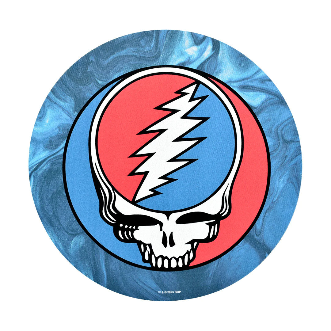 Grateful Dead Steal Your Face round vinyl dab mat with vibrant skull design, top view