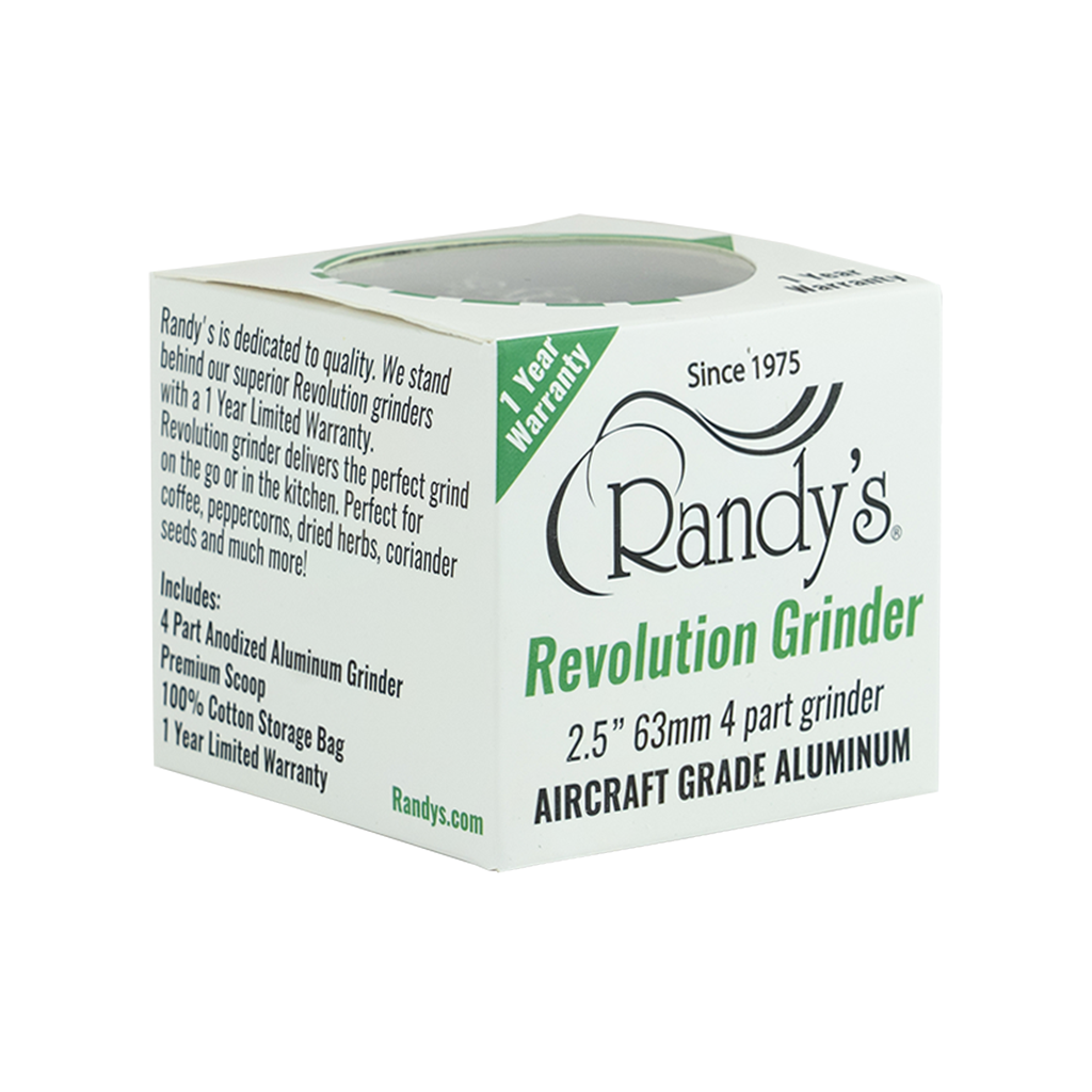 Randy's Revolution Grinder packaging, 4-part aircraft grade aluminum grinder, front view
