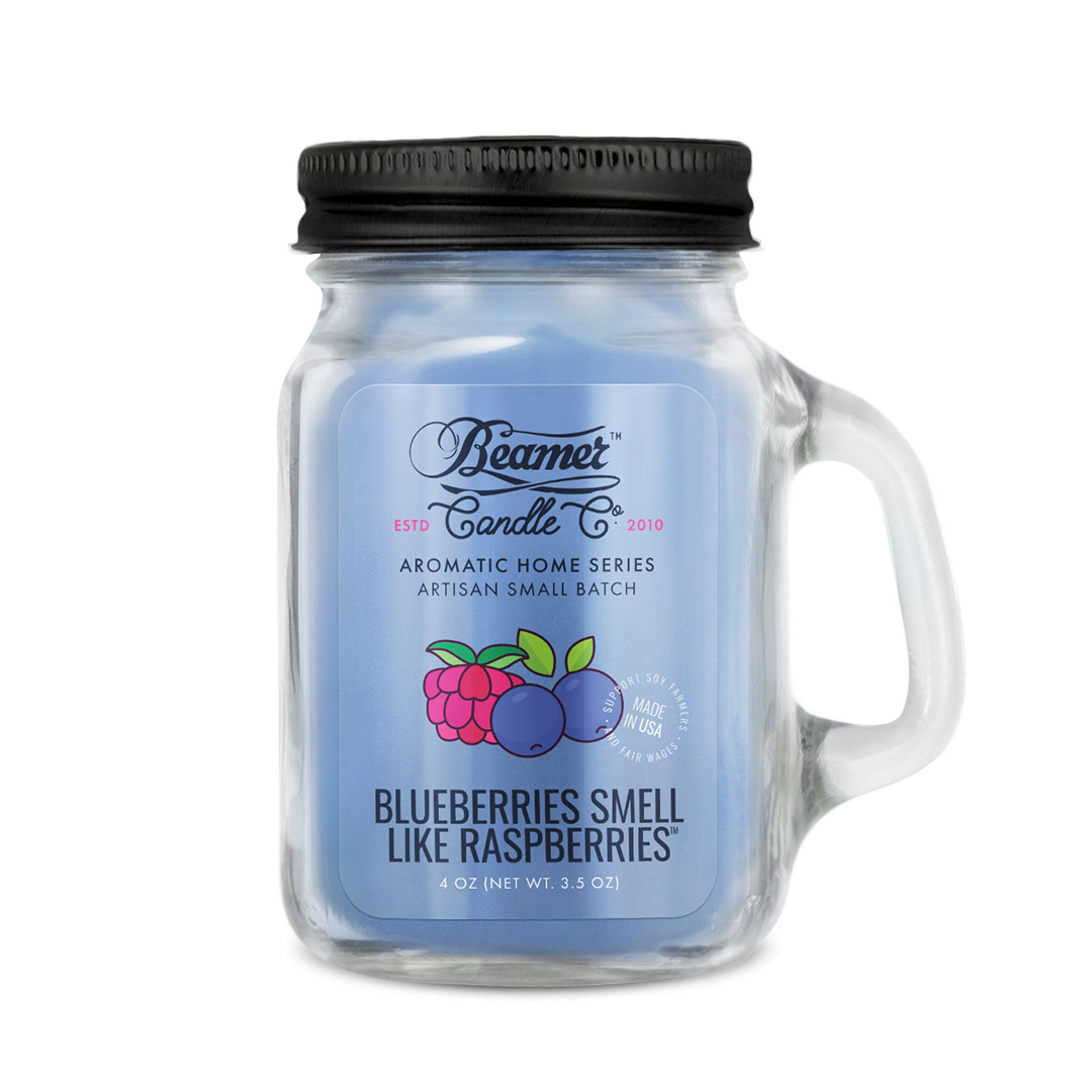 Beamer Candle Co. 4oz mini candle in a mason jar, Blueberries Smell Like Raspberries scent, front view