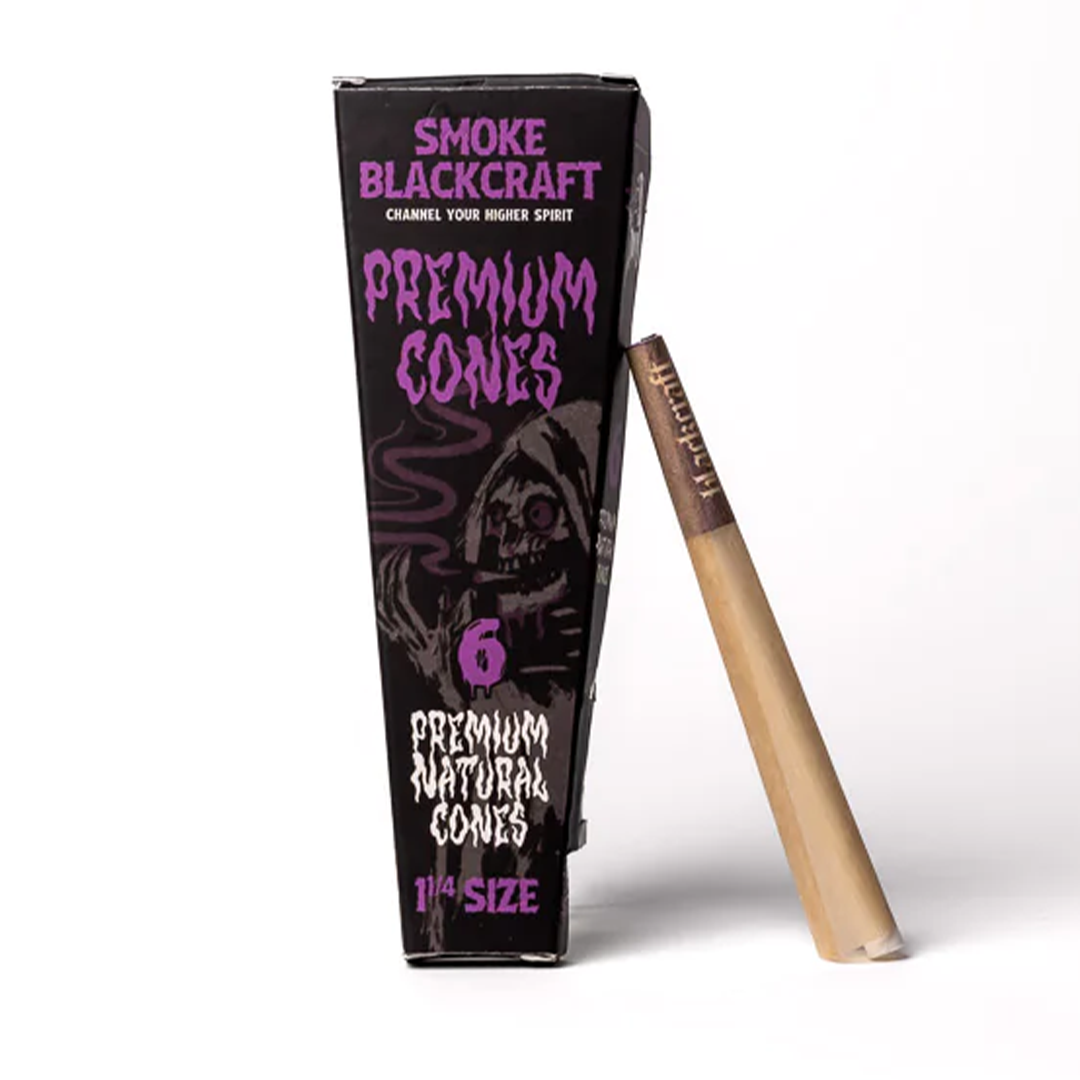 BlackCraft 1 1/4 Size Pre-Rolled Cones 24 Pack - Front View with Single Cone