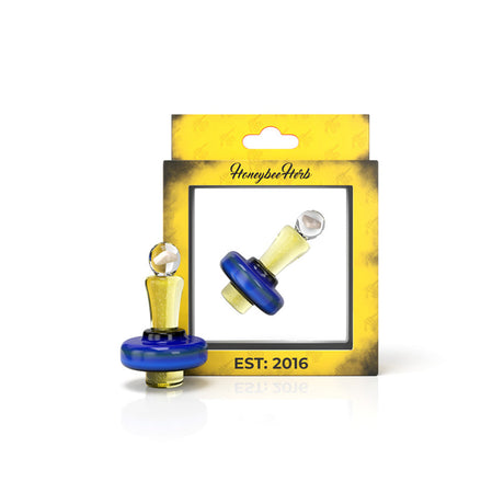 Honeybee Herb Opal Bell Top Terp Slurper Cap in Yellow with Blue Accents, Front View on Packaging