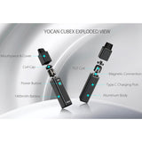 Yocan Cubex Concentrate Vaporizer exploded view highlighting features like TGT Coil and 1400mAh battery