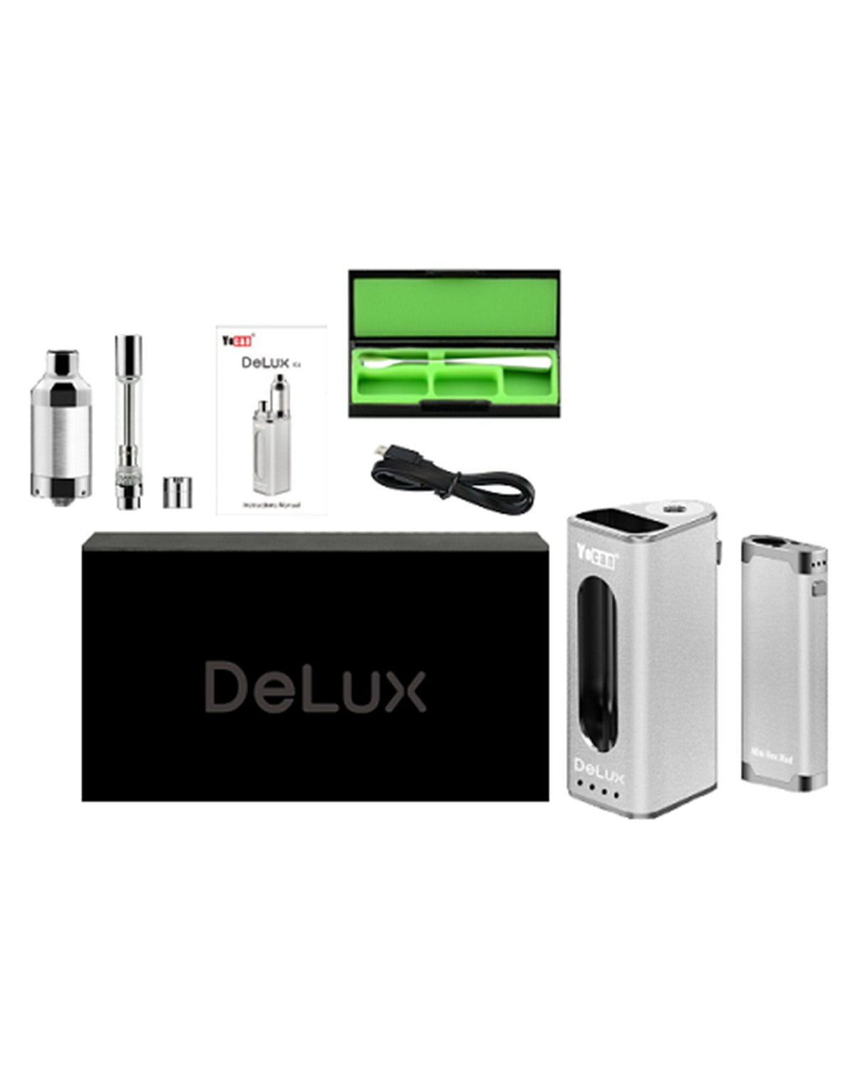 Yocan DeLux Vaporizer in Black, Portable Design with Battery Power, Front View Displayed with Accessories