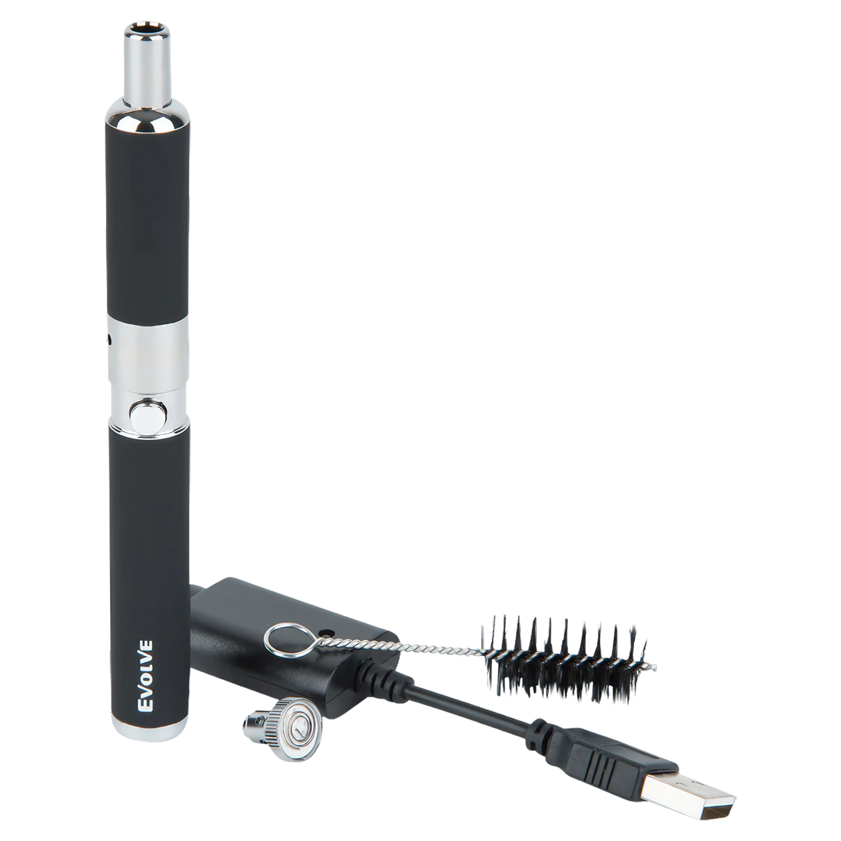 Yocan Evolve-D Dry Herb Vaporizer in black with USB charger and cleaning brush