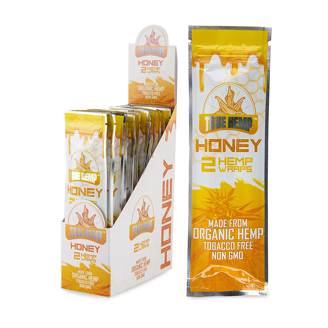 True Hemp Honey Flavored Hemp Wraps 25 Pack Display Box and Single Pack Front View