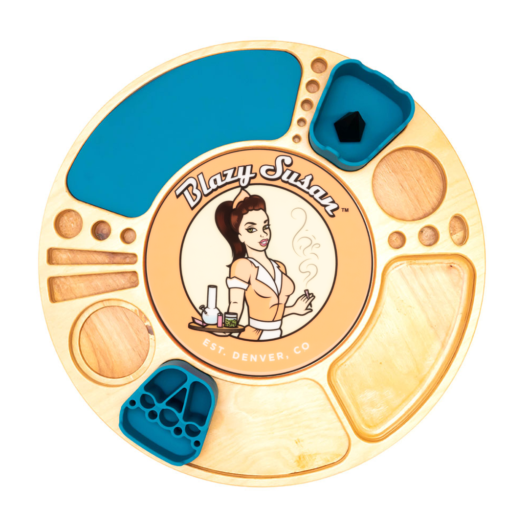 Blazy Susan Birch Spinning Rolling Tray in Light Blue, Top View with Compartments