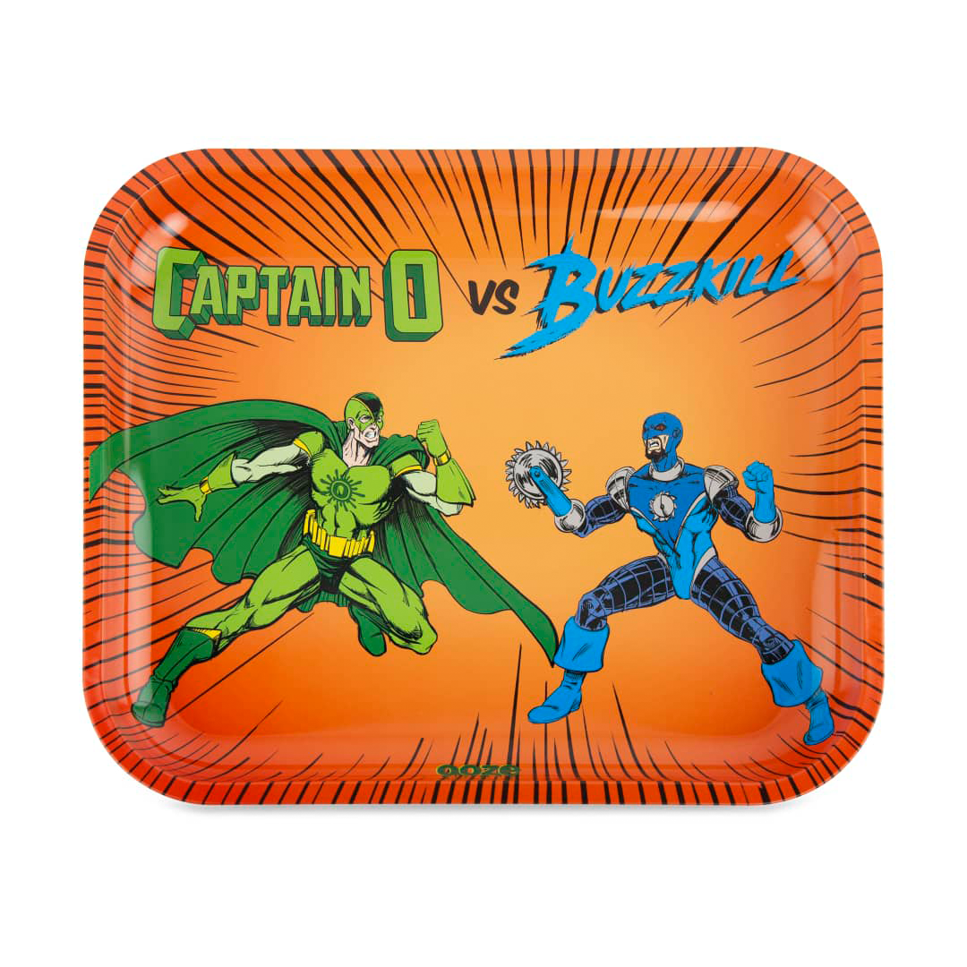 Ooze Colorful Metal Rolling Tray with Captain O vs Buzzkill Design, Curved Edges - Top View