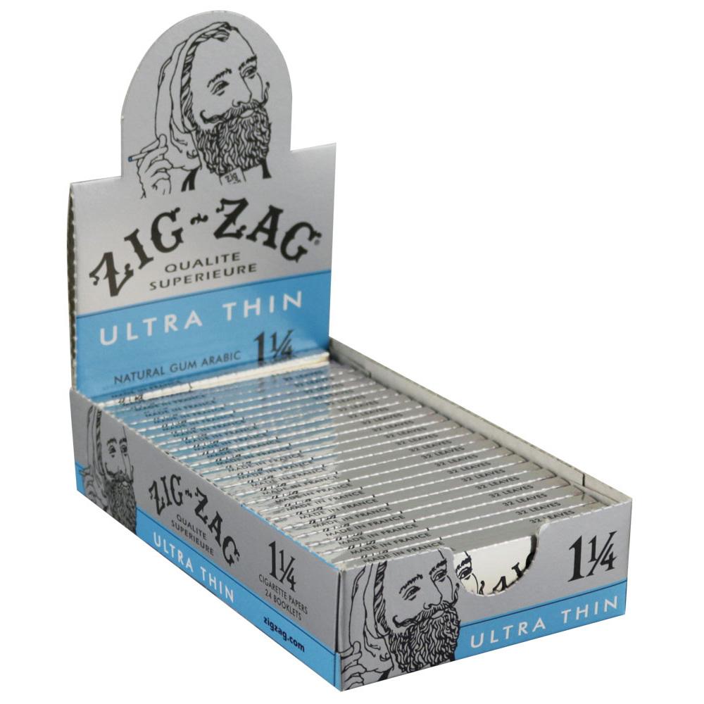 Zig Zag Ultra Thin 1 1/4 Rolling Papers 24 Pack displayed in open box, front view on white background