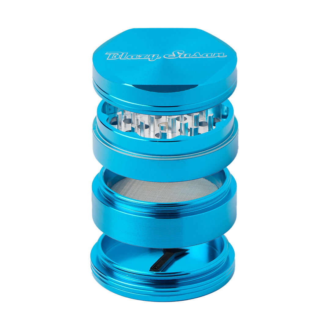 Blazy Susan blue aluminum 4-piece herb grinder with kief catcher, front view on white