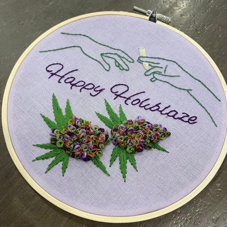 cannabis-themed embroidery, cannabis art, embroidery art