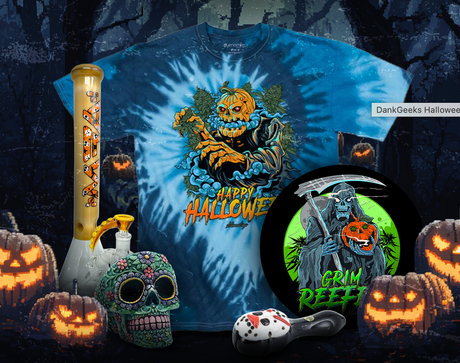 halloween headshop collection of spooky bongs, pipes, rigs, vapes, apparel, and more