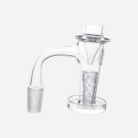 A glass terp slurper has a sleek, curved design with a wide flared base for even heat distribution. Its tall chamber features intricate etchings, and the frosted joint labeled "Cookies" ensures a secure fit for smooth, efficient dabbing.