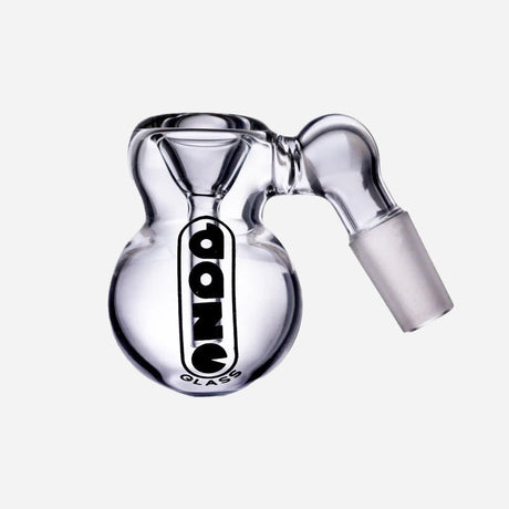 A clear glass ash catcher with a round, bulbous chamber designed to trap debris. It has a sleek, curved neck leading to a frosted joint for a secure fit. The "Daze Glass" logo is displayed on the front for a stylish touch.