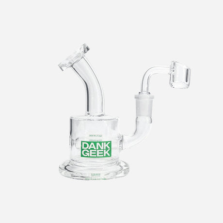 Banger hanger with a banger nail. Clear glass with a bent neck and a DankGeek logo.