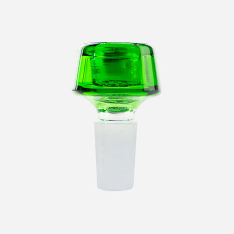 A glass bong bowl with a vibrant green top and a clear frosted base for a snug fit. The wide, deep bowl holds material, and the smooth glass design adds a sleek touch. The color gives it a stylish, eye-catching look.