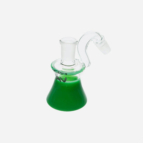 Ash catcher with a 45 degree joint. Combination of a green and clear color design with a MAV Glass logo.