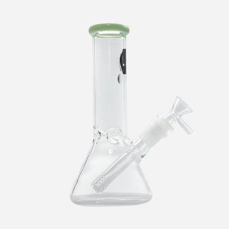 Beaker bong with a bowl and downstem. Clear glass with an ice pinch and a colored mouthpiece.