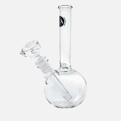 Bubble base bong with a bowl and downstem. Clear glass and straight tube with an LA Pipes logo.