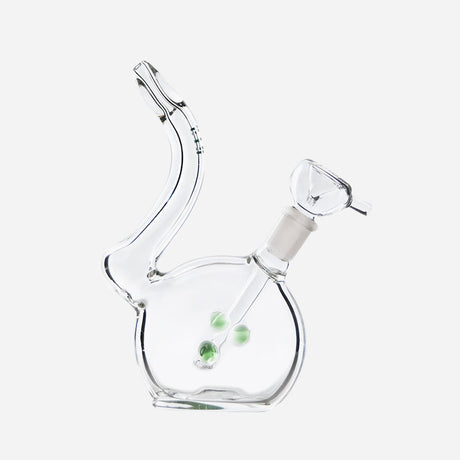 Bubbler with a bowl and downstem. Clear glass with a bent neck design.