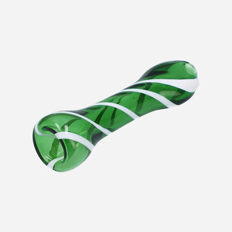 A vibrant green glass chillum or one-hitter pipe with a sleek, cylindrical shape that tapers slightly at the mouthpiece. The body is adorned with a swirling white spiral pattern, giving it a stylish and artistic appearance.