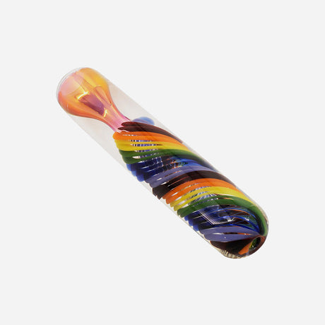 A glass chillum featuring a compact size, tube-shaped smoking pipe with a swirling rainbow design. One end is sealed, while the other is open for airflow. Inside, a flared bowl has a translucent pink-orange hue for a stylish touch.