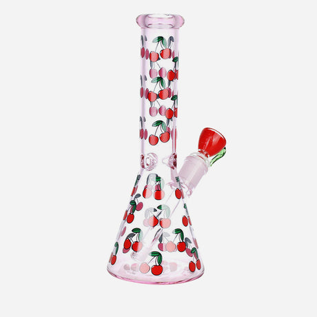 Cute bong with bowl and downstem. Beaker-style that features a playful cherry design with vibrant red cherries and green leaves.