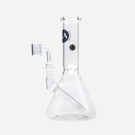 Dab rig with a 90 degree banger. Beaker style with a straight tube neck and an LA Pipes logo.