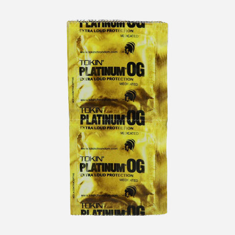 A disposable bag that features a vertical layout with bold, blocky text divided into sections reading "TOKIN PLATINUM OG EXTRA LOUD PROTECTION MEDICATED."