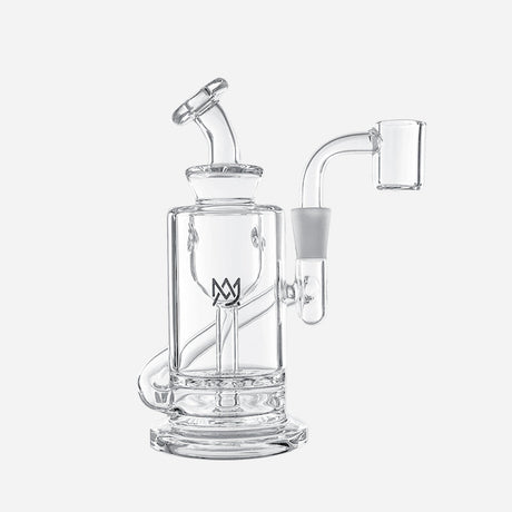 Glass dab rig with a 90 degree banger. Clear glass with a percolator and an MJ Arsenal logo.