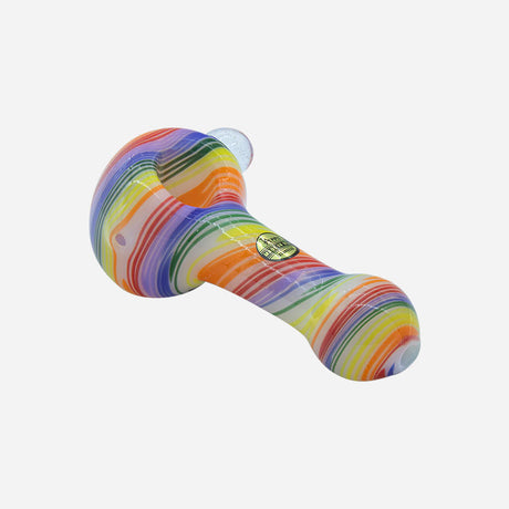 A glass spoon pipe featuring a bold, multicolored swirl design. It has a classic shape with a rounded bowl for packing, a side carb hole for airflow control, and a smooth, curved stem for easy use.