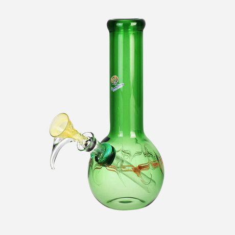 Grommeted bong with a pullstem. Features a bubble base and a straight tube.