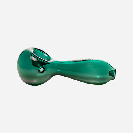 A glass handpipe with a deep green, semi-transparent color. The pipe has a classic spoon shape, featuring a rounded bowl on one end for packing material and a slender, slightly tapered stem leading to the mouthpiece.