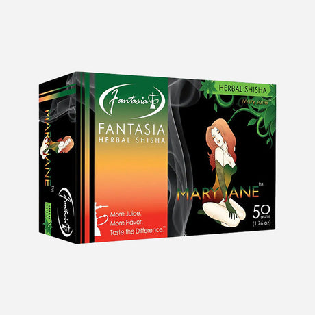 A Fantasia Herbal Shisha box, "Mary Jane" flavor. Features illustrated woman with long hair in stylized pose.