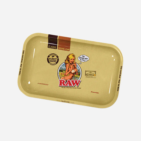 A rolling tray with a rectangular raised edges, in a tan color. It features a retro-style blonde woman holding her top, with a speech bubble saying, “The natural way to roll.”