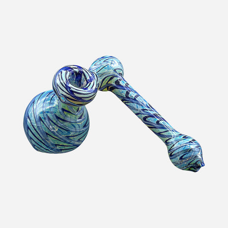  Sidecar bubbler with swirled patterns of various shades of blue and white.  It has a side-mounted design which gives it a unique look and makes it easy to hold and use.