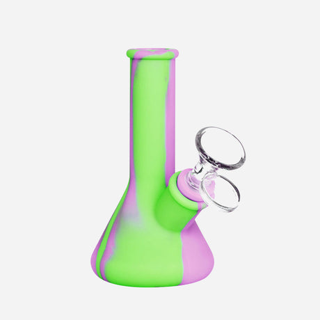 Silicone bong with a bowl and downstem. Beaker-style base a pink and green swirl design.