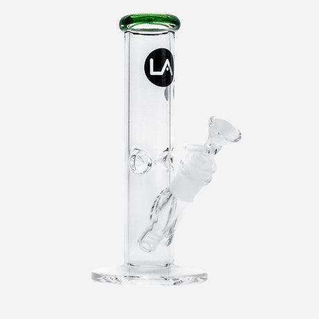 Glass bong with bowl and downstem. Clear and strait tube design with an LA Pipes logo.