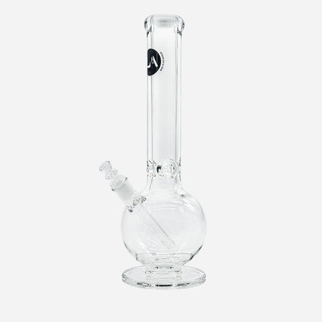 Thick Glass Bong with a bowl and downstem. Clear and a bubble base with an LA Pipes logo.