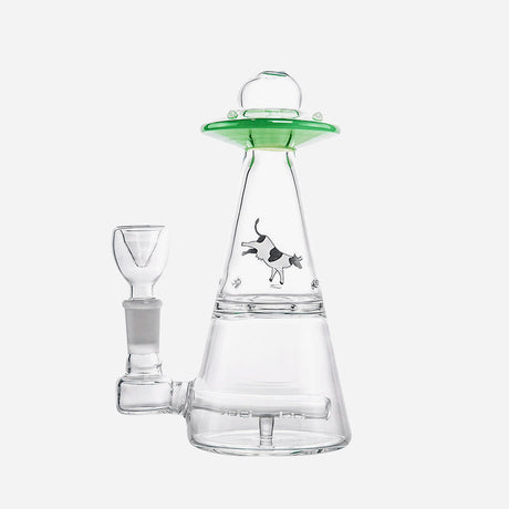 Waterpipe with a bowl and percolator. Features a unique UFO-themed design, featuring a cow being abducted by a beam under the green top.