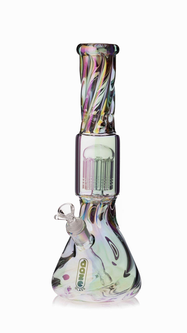 Daze Glass 14" Iridescent Spiral Arm Perc Water Pipe front view on white background