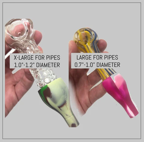 Weedgets Tic-Toke reusable filter tips in mixed colors for various pipe sizes, held in hand