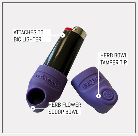 Weedgets Sili-Scoop Touch-Free Herb Loader with Tamping Tool attached to lighter
