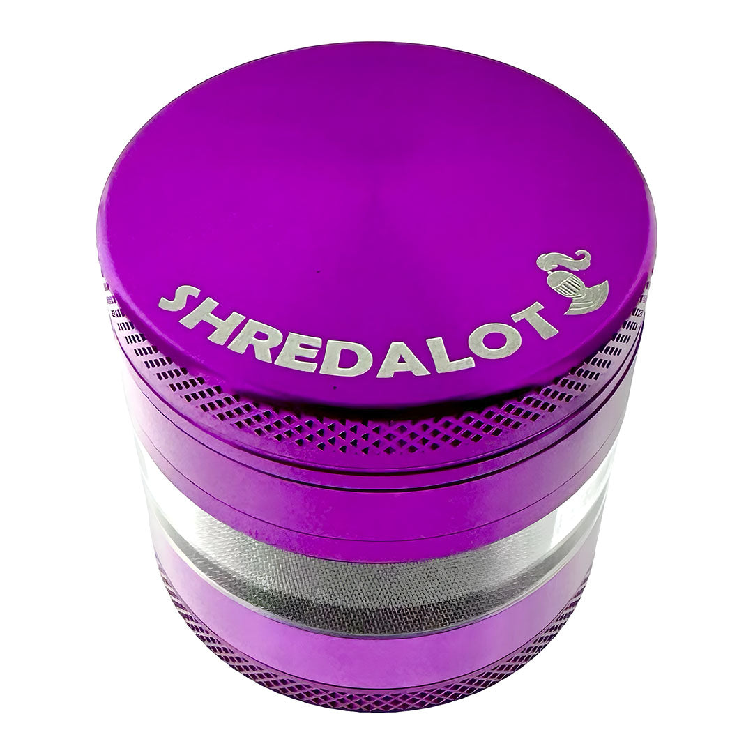 Sir Shredalot Clear Chamber Grinder in purple, 4-part design with kief catcher - Top View