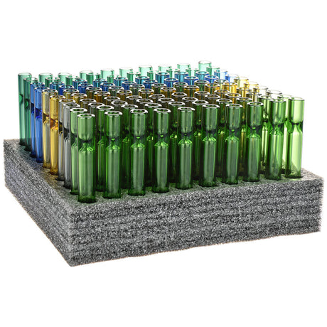 100PC Box of 4" Glass Chillums in Assorted Colors Displayed on Grey Foam