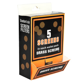 Display box of 100 packs of Gold Brass Pipe Screen Filters, 5ct 3/4" size, front view