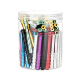 Clear jar filled with 100 assorted colors 3" pinch hitter pipes, front view on white background
